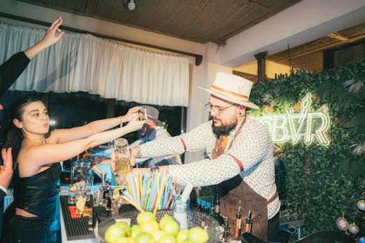 Lively bartending scene with vibrant colors and stylish patrons at a trendy indoor bar.