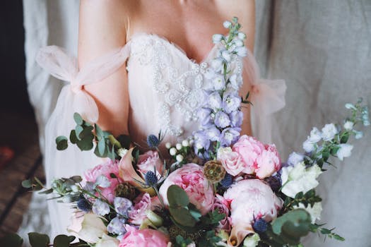 Bride in a white dress holding a vibrant floral bouquet indoors.