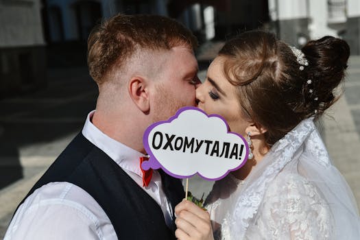Bride and groom share a romantic kiss holding a sign with Cyrillic text outdoors.