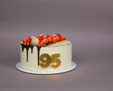 A delicious cake for a 95th birthday, adorned with strawberries and chocolate drizzle.