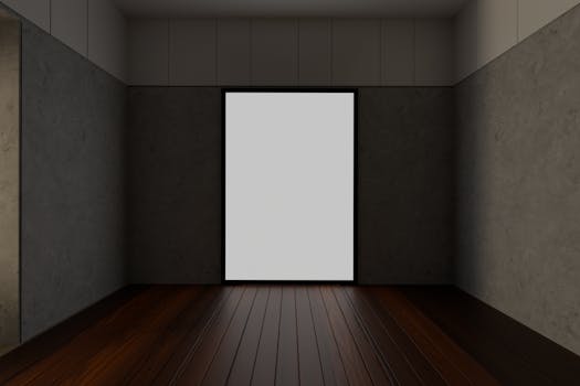 Minimalist room interior featuring a blank digital screen on gray textured walls.