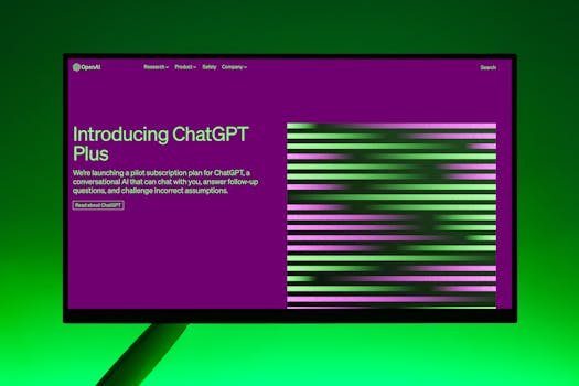 Close-up of a monitor displaying ChatGPT Plus introduction on a green background.
