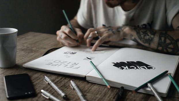 Artistic hand lettering on a desk in a creative environment, showcasing calligraphy and design skills.