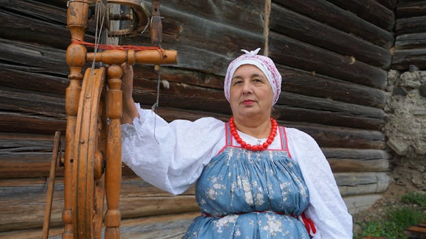 Elderly woman in traditional attire with a spinning wheel against a wooden barn backdrop.