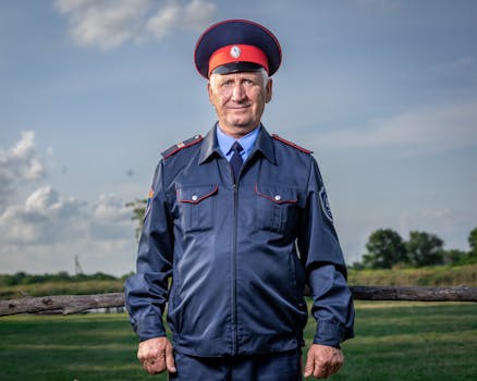 Elderly man wearing official uniform poses confidently outside on a sunny day.