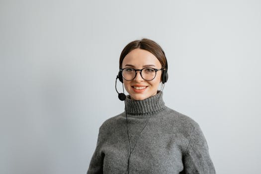 Smiling female call center agent wearing headphones and a gray sweater, ready to assist.