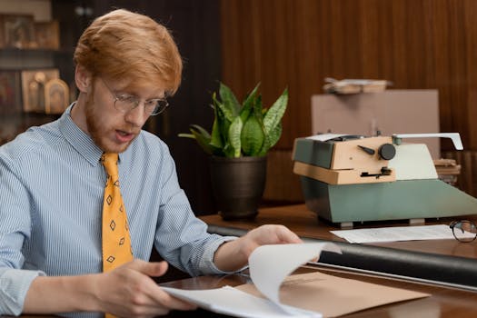 A man reading documents at a desk with a vintage typewriter and plant.