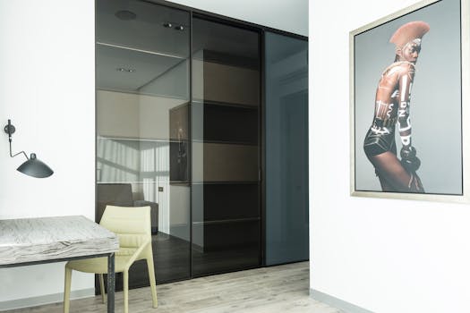 Interior of room with modern design of furniture and creative picture on wall
