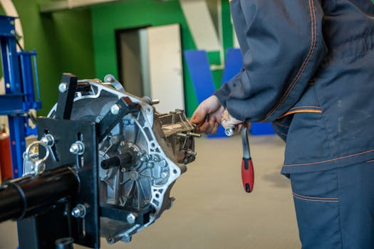 Mechanic uses tools to repair car transmission in an indoor workshop setting.