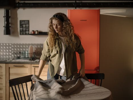 A woman in a casual kitchen setting a dinner table with a tablecloth.