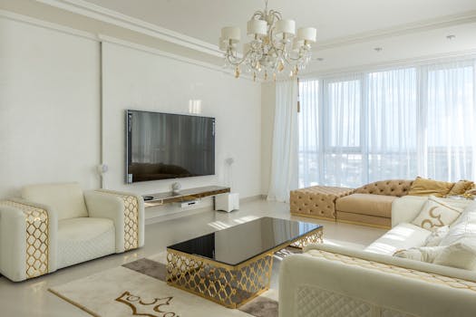 White and beige interior of modern comfortable living room with big sofas and armchair