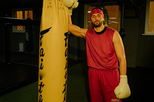 Athlete in red sportswear posing indoors with a punching bag, showcasing fitness and strength.