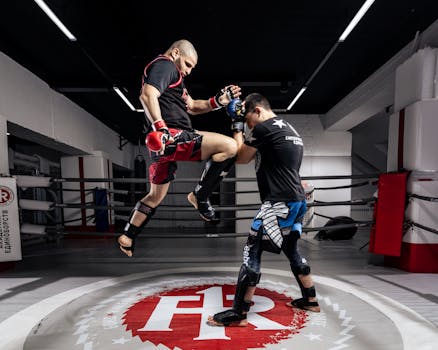 Two fighters engage in powerful mixed martial arts sparring inside a gym arena.