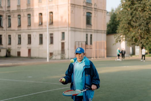 Senior man in blue jacket playing tennis on a sports ground, showcasing active lifestyle.