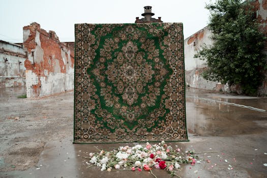 A detailed green carpet displayed against a rustic backdrop with scattered flowers.