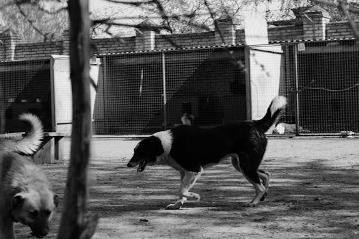 Monochrome image of dogs playing at a shelter, showcasing their playful nature.