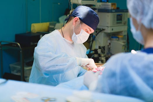 A team of surgeons performs a delicate procedure in a sterile hospital operating room.